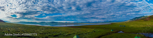 Панорама, вид на озеро с высоты, облака. Panorama, view of the lake from a height, clouds