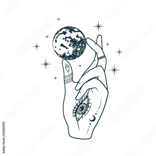 Celestial hand with all-see eye holding a planet. Hand drawn vector illustration isolated on white background.