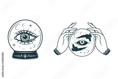 All-seeing eye in a magic ball and hands holding eye-providing eyes. Hand drawn vector illustration for witchcraft, stickers, esoteric and magic shop.
