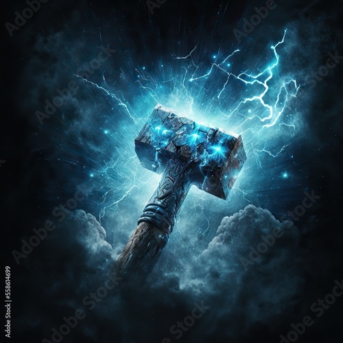 Thor hammer with blue lightning. Fantasy concept. Norse saga. Isolated. Generative ai.
