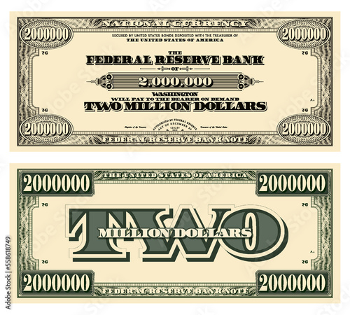 Vector template obverse and reverse of a vintage banknote with guilloche frame, denomination of two million US dollars. Paper money in style retro.