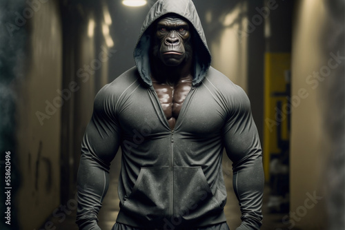 Portrait of a fitness athlete gorilla wearing sportswear, generative ai