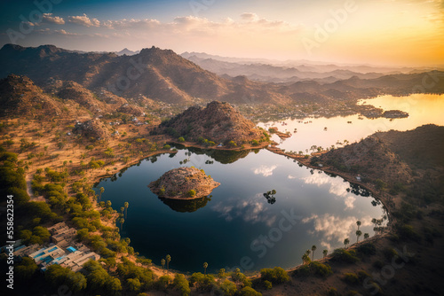 panoramic aerial picture of Nakki Lake and Mount Abu. In India's Rajasthan state, Mount Abu is a hill station. Generative AI