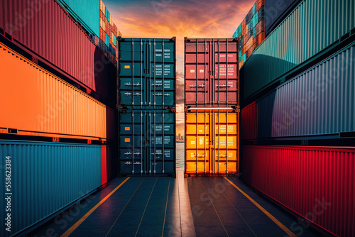 Background cargo in containers freight ships for import export business. Generative AI