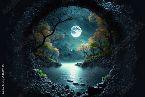 the river with the moon. bizarre landscape conceptual visual art natural fantasy art. Generative AI