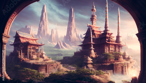 A divine fantasy temple shining bright in a glowing world. Generative AI