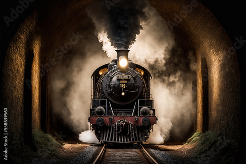 Generative AI illustration of old steam train in tunnel