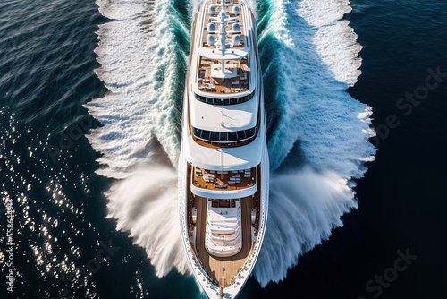 Beautiful contemporary mega yacht with hardwood deck captured in an aerial drone shot traveling at fast speed in the deep blue open ocean. Generative AI