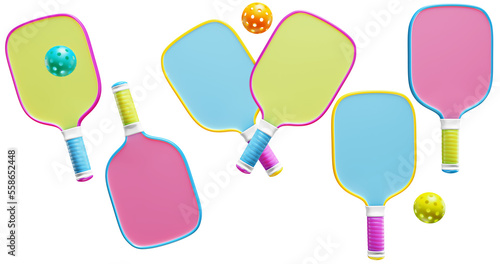 Colorful rackets for playing pickleball with balls on a transparent background. Sports game set 3D rendering
