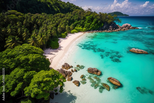Small, isolated beach in the Anse Lazio beach area in Praslin, Seychelles. Generative AI