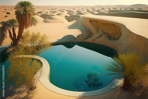 Swimming pool in the desert, beautiful sunset, reflection in the water. AI