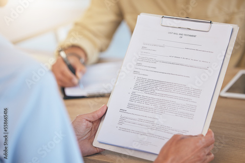 Contract, last will and testament with life insurance, legal document and clipboard in hands with agreement. Compliance with safety and security in retirement or death, reading and sign paperwork