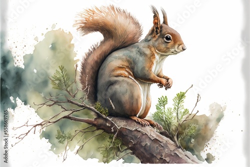 a painting of a squirrel sitting on a tree branch with its tail up and eyes closed, with a white background behind it, and a watercolor drawing of a tree branch with a.