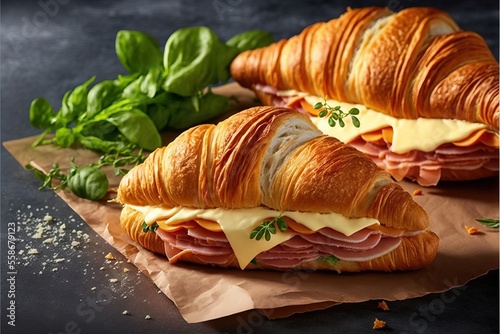 a croissant sandwich with meat and cheese on it on a piece of wax paper next to a green leafy leafy plant on a dark surface with a black surface with a.