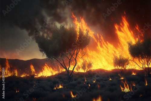  a fire blazing in a field with trees and bushes in the foreground and a mountain in the distance with a dark sky in the background and a dark sky with no one t Generative AI