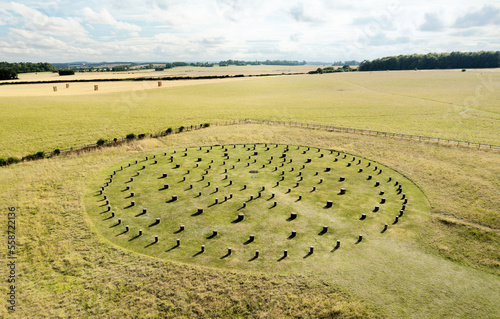 Woodhenge. Posts mark site of major prehistoric Neolithic concentric timber circles and henge enclosure 2 km N.E. of Stonehenge. Aerial view to S.W.