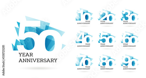 Set ten to ninety years anniversary logo design, celebrate anniversary logo to celebrate event, invitations, 10, 20, 30, 40, 50, 60, 70, 80, 90, logo sign purpose