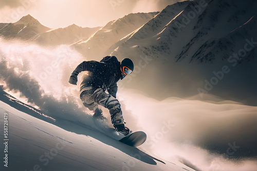 An extreme snowboarder on the slope, winter, snow, mountains, dynamic, sport, generative ai