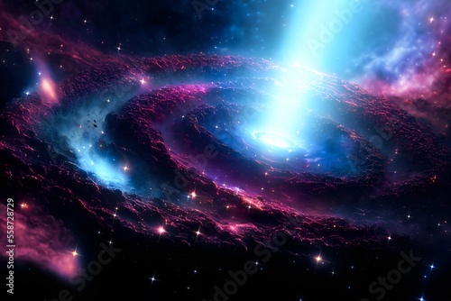 A stream of matter ejected into space after the collision of two neutron stars at the center of an emerging galaxy. Generative AI illustration. Creative artistic painting 3d.