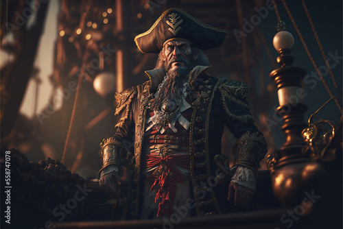 portrait of an old pirate captain on board a ship, sea wolf, privateer raiders, bokeh background, art, ai, illustration