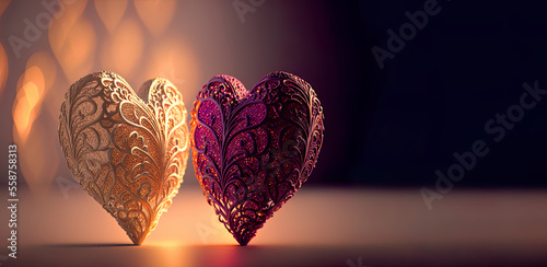 Two intricate pink hearts in lace standing near each other, copy space. Text space. Love and tenderness combined to a luxury emotions, passion and romance, illustration, generated art