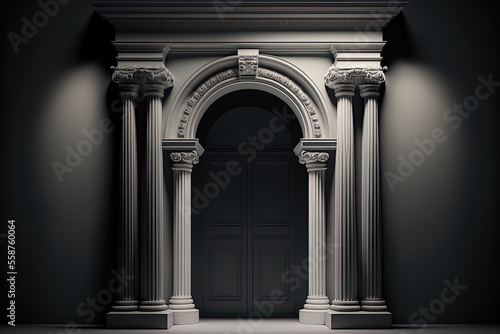 Classic doorway with separated columns on a dark background. Generative AI