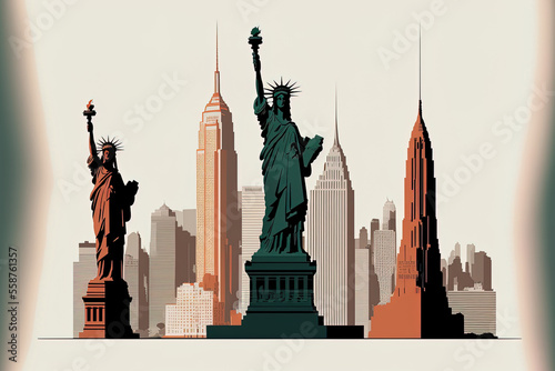 Design of the New York skyline with the Statue of Liberty, the Empire State Building, and the Chrysler Building. Generative AI