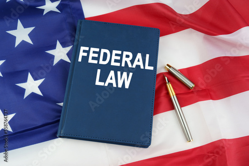 On the US flag lies a pen and a book with the inscription - FEDERAL LAW