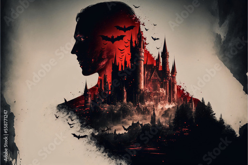 Vampire with Horror Castle. Surrounded by Bats and Blood. Designed using Generative AI. 