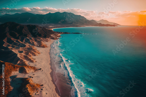 lovely aerial view of the sea and mountains. Generative AI