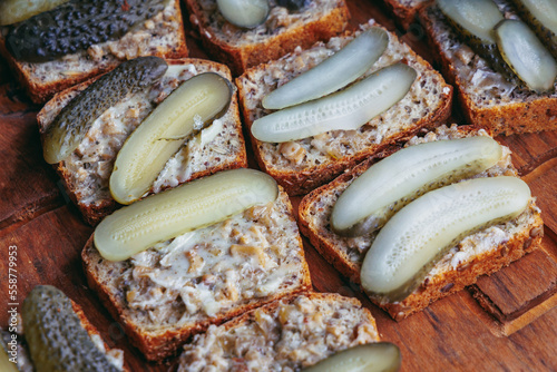 Bread with lard with pickled cucumber on Dozynki Slavic harvest festival, Poland