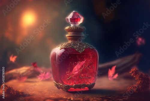 beautiful special elixir drub potion in glass bottle, idea for videogame item in real life, fantasy light glow bokeh background, stamina potion