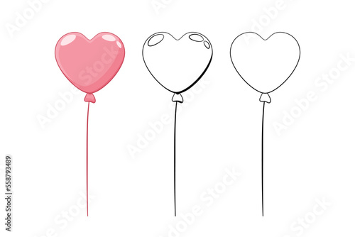 Balon w kształcie serca, wypełniony helem w trzech różnych wersjach. Różowy balon, w stylu komiksowym oraz obrys.