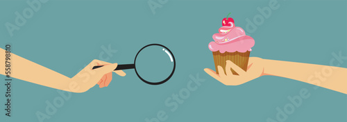 Person Checking Calories in a Dessert Vector Concept Illustration. Dietician inspecting a cupcake analyzing a sweet snack 