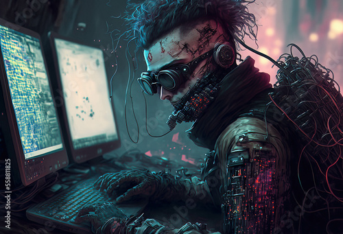 Digital art of a futuristic male hacker in cyberpunk anime style with computer screens in front of him with him looking at the screen