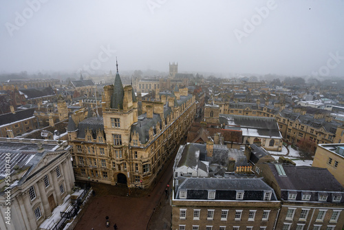 Beautiful panoramic views of Cambridge from Church of Great St Mary's Cambridge during winter snow morning at Cambridge , United Kingdom : 3 March 2018