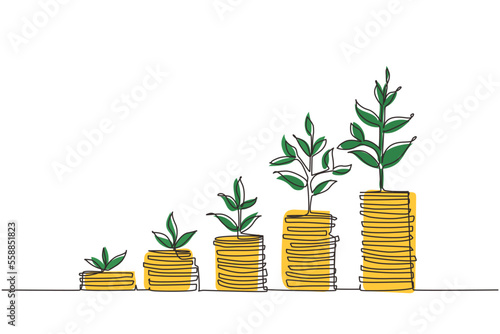 Single continuous line drawing step of coins stacks, money, saving and investment or family planning. Concept for return money saving and investment. One line draw graphic design vector illustration