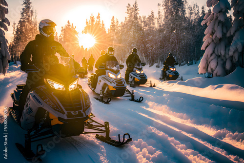 Early morning group snowmobile tour through the forest, Generative AI