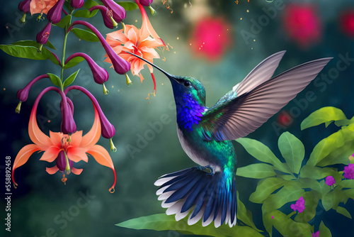 Hummingbird flying to pick up nectar from a beautiful flower. Digital artwork 