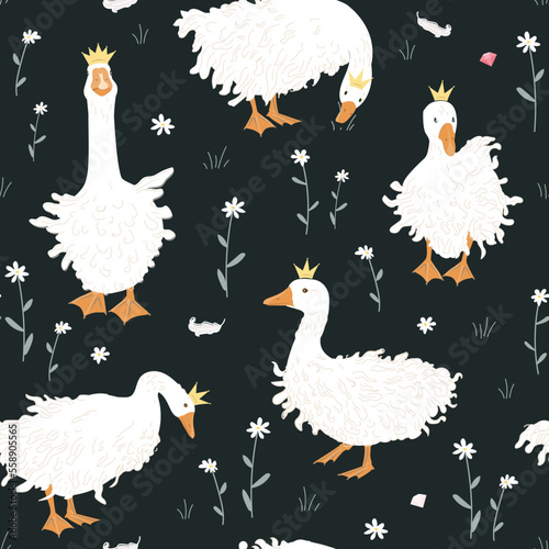 Cute seamless pattern with Sebastopol goose in crowns, diamonds, and chamomile flowers. Royal Geese fantasy background. Vector illustration.