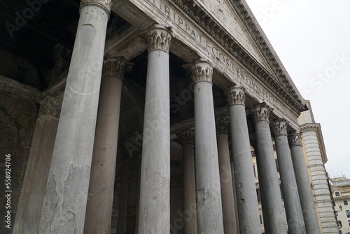 Rome, Italy - January 06, 2023, detail of the colonnade of the Pantheon.
