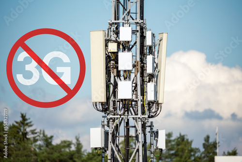 End of life for 3rd generation or 3G cell mobile networks illustrated with sign superimposed on rural cellphone tower