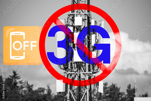 End of life for 3rd generation or 3G cell mobile networks illustrated with sign superimposed on rural cellphone tower