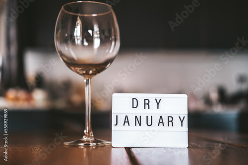 Challenge dry January. Wine glass with water. Non-alcoholic month.