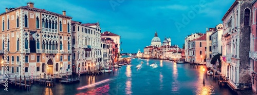 Venice, Italy panorama at night. Grand Canal and Salute basilica