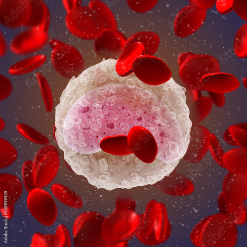 Medical science background, Monocytes, large leukocytes of the mononuclear macrophage system, innate immunity cells, carry pattern recognition receptors, erythrocytes red blood cells 3d rendering