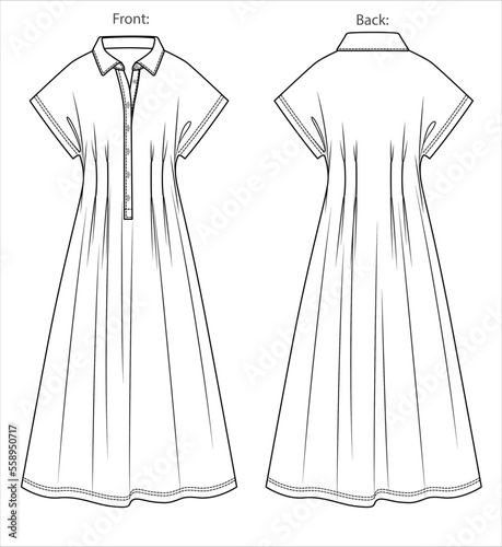 Vector sleeveless long dress fashion CAD, woman dropped shoulder shirt dress with button technical drawing, template, flat, sketch. Jersey or woven fabric maxi dress with front, back view, white color