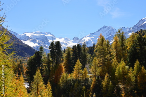 View on the Pers Glacier is a glacier in the Bernina range in the canton of Grisons in the Upper Engadine , Switzerland