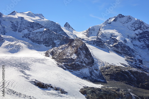 View on the Pers Glacier is a glacier in the Bernina range in the canton of Grisons in the Upper Engadine , Switzerland