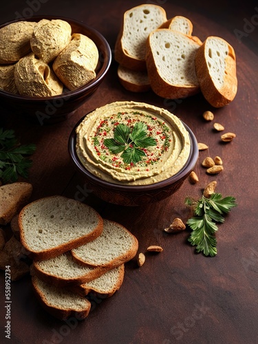 Hummus dip with chickpea and parsley in a traditional ceramic bowl on wood surface with toasted bread slices and olive oil on wooden board. Added spices.